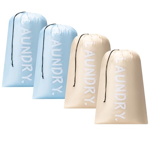 4 Pack XL Travel Laundry Bag, Machine Washable Dirty Clothes Organizer with Drawstring,Large Enough to Hold 4 Loads of Laundry, Easy Fit a Laundry Hamper or Basket Travel Essentials 24" x 36" - color: Beige+Light blue, size: 24"x36" |4 Pack