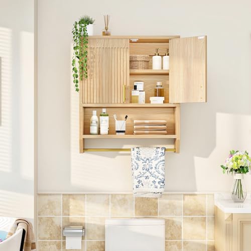 HOOBRO Fluted Medicine Cabinet, Farmhouse Bathroom Wall Cabinet with Towel Rack and Adjustable Shelf, Fluted Wall-Mounted Storage Organizer, for Bathroom, Kitchen, Natural - color: Natural, size: 20.5"L x 9"W x 27.5"H