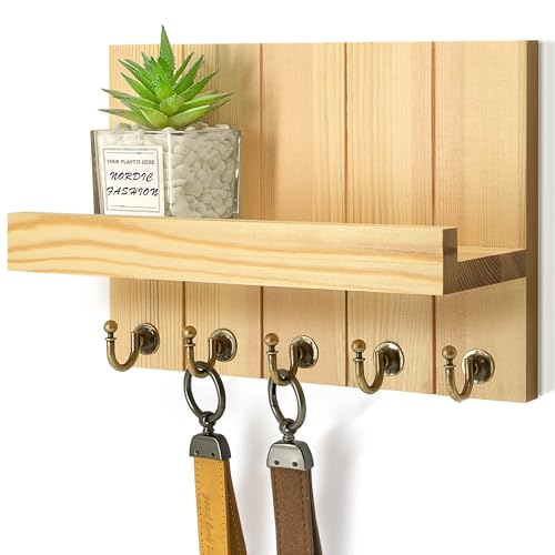 Rebee Vision Pine Wood Key Holder Wall Mount with 5 Hooks and Shelf – Farmhouse Key Holder for Wall for Entryway Organization – Perfect for Mail & Letters (Orginal Wood,3.54" x 10" x 7.28") - color: Original Wood, size: 10 Inch