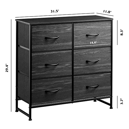WLIVE Black Dresser for Bedroom, 6 Drawer Dresser, Storage Tower with Fabric Bins, Chest of Drawers for Closet, Living Room, Hallway - color: Charcoal Black Wood Grain Print