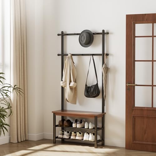 Coat Rack with Shoe Storage, Wood and Metal Frame, Entryway Hall Tree with Bench, Featuring 11 Hooks and 2-Tier Storage Shelves, 3-in-1, Entry Bench with Coat Rack (31.5" Walnut) - size: 80