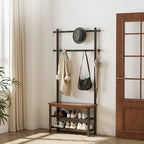 Coat Rack with Shoe Storage, Wood and Metal Frame, Entryway Hall Tree with Bench, Featuring 11 Hooks and 2-Tier Storage Shelves, 3-in-1, Entry Bench with Coat Rack (31.5" Walnut) - size: 80