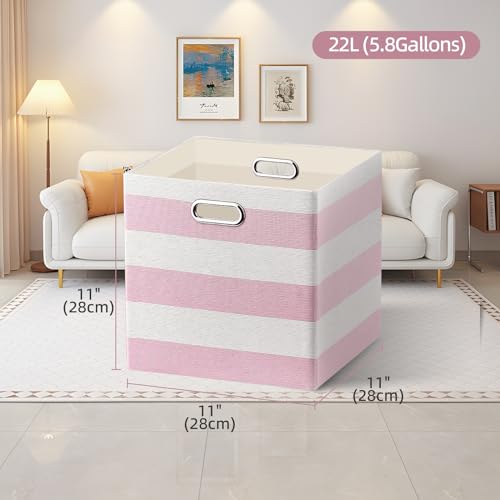 11 x 11 x 11 Inch Storage Bins, Collapsible Fabric Cubes, Cubby Organizer Bins Striped Container Baskets for Home Office Wardrobe Closet Shelf, Pack of 4, Pink/White - color: Pink/White, size: 11"x11"x11"