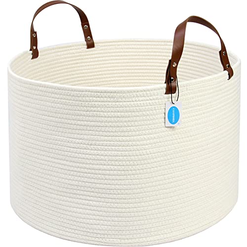 Casaphoria XXXLarge Cotton Rope Basket for Living Room - Woven Storage Basket with long Handle for Blankets, Towels and Pillows Laundry Hamper | Beige 20" x 20" x 13") - color: Light Beige