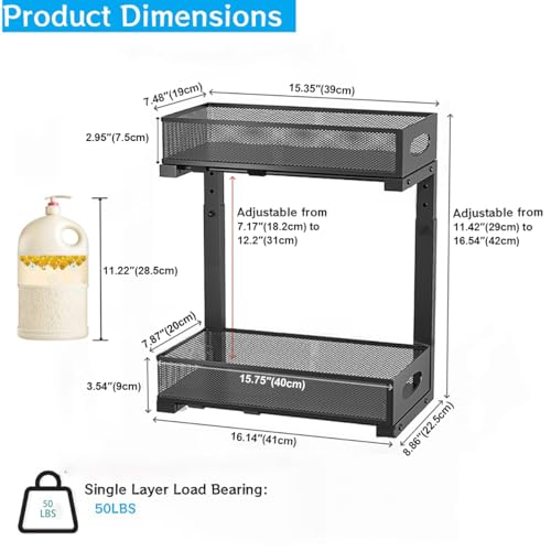 2 Pack Under Sink Pull Out Organizer, 2-Tier Adjustable Height Carbon Steel Storage Rack for Kitchen and Bathroom Cabinet, Black - color: Black