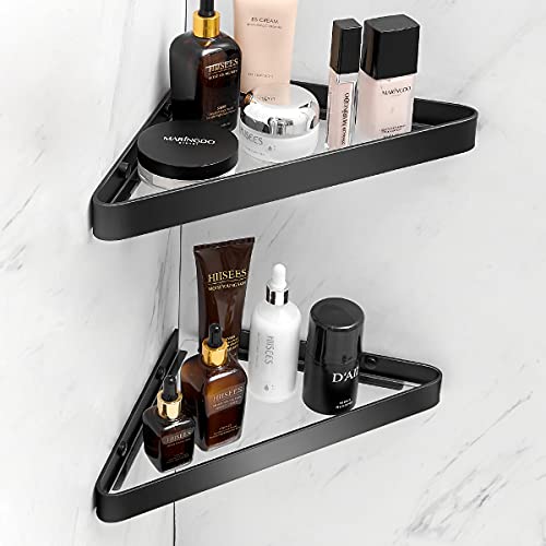 VOLPONE Bathroom Shelves Wall Mounted Glass Corner Shower Shelf for Bathroom Floating Shelf Tempered Glass Wall Organizer 2-Tier(Black) - color: Black(triangular)