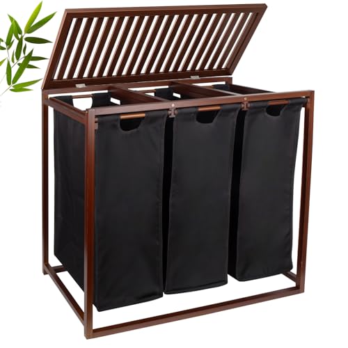 Bamboo Laundry Hamper 3 Section with Lid, 150 L Laundry Sorter with Pull-Out Removable Washable Bags, 3 × 12.5 Gal Divided Laundry Baskets for Laundry Room, Bathroom (Black)