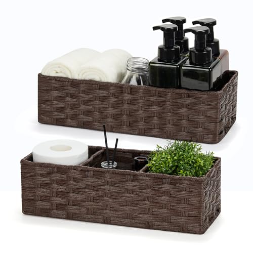 Bidtakay Narrow Hand-woven Wicker Storage Bins Small baskets for Organizing 2-Pack Waterproof Imitation Wicker Baskets for Storage Long Storage Basket for Shelf Washroom Basket Reddish Brown - color: Reddish-brown