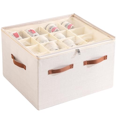 Shoe Organizer for Closet, Foldable Large Shoe Storage Box with Clear Cover, Removable Partitions and Bottom are Supported by Plastic Boards (Beige, 20.5“Lx16.9 Wx13'H) - color: Beige