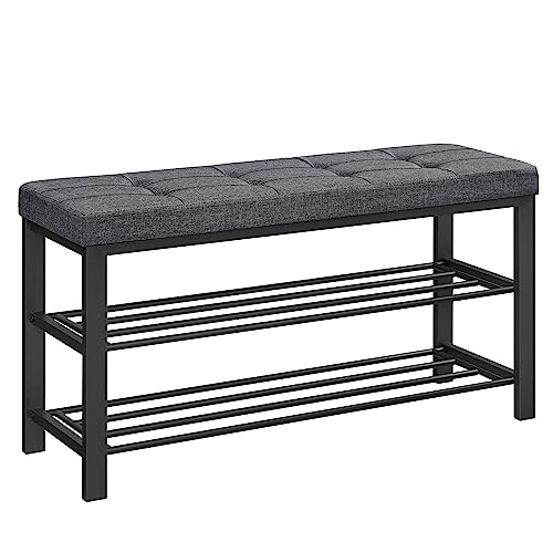 SONGMICS Shoe Bench, Storage Bench, Entryway Bench with Cushion, Shoe Shelf with Seat, Space-Saving, Modern Style, for Living Room, Bedroom, Hallway, Dark Gray and Ink Black ULBS579B33 - color: Dark Gray + Ink Black, size: 39.4"W