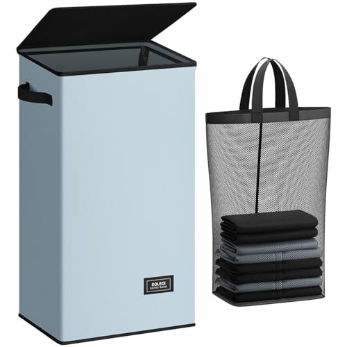 SOLEDI Laundry Hamper with Lid 100L Large & Tall Collapsible Laundry Basket, Clothes Hamper with Bag Removable Easy to Carry, Dirty Hampers for Bedroom, Bathroom, Dorm, College, Blue Grey - color: Bluish-Grey, size: 100L