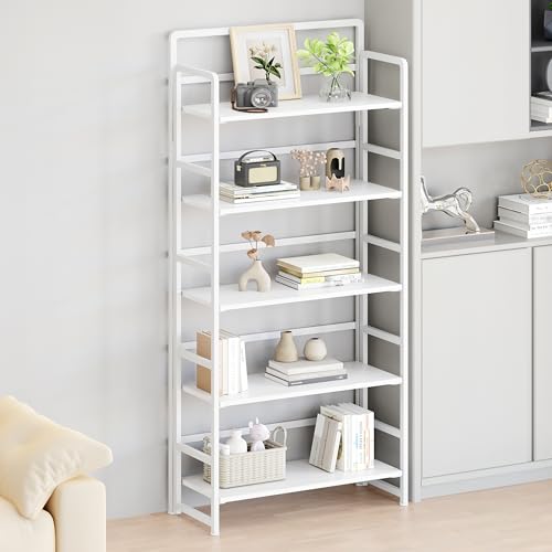 No Assembly Folding Bookshelf, 5 Tiers Collapsible Book Shelf for Home Office, Vintage Wood Foldable Bookcase Storage Organizer for Living Room Bedroom (White) - color: White, size: 5-tier