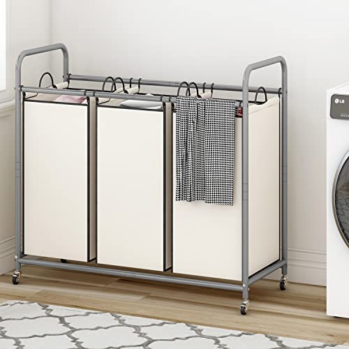 LINZINAR 3-Bag Laundry Sorter,Laundry Hamper Cart with Heavy Duty Rolling Lockable Wheels and Removable Bags (Beige) - size: 3 Bags Beige