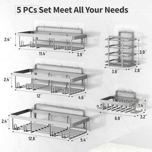 Liuoud 5 Pack Shower Caddy Organizer Rack Shelf for Inside Shower, Self Adhesive Bathroom Wall Storage Basket Rustproof Stainless Steel Large Capacity Shampoo Holder, Grey - color: Grey