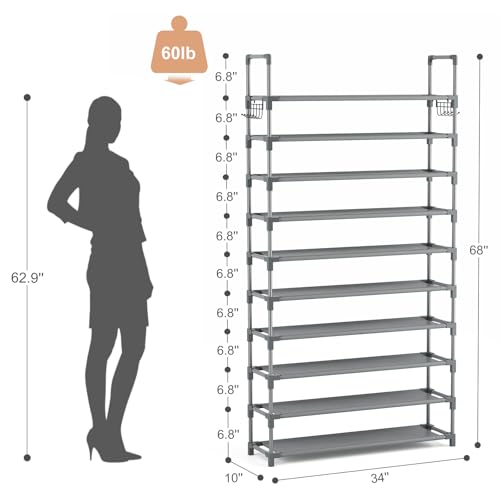 VTRIN 10 Tiers Shoe Rack Tall Large Capacity Wide Shoe Organizer Sturdy Shoe Shelf for Entryway with Two Hooks Metal Shoe Storage for Closet, Bedroom, Grey - color: Grey, size: 32.3" Wide - 10 Tier