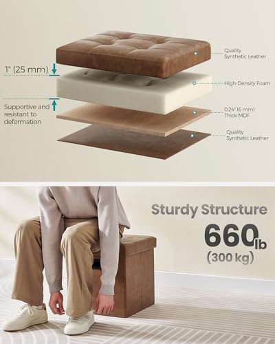SONGMICS Mazie Collection - 15 Inches Ottoman with Storage, Footstool, Storage Ottoman with Metal Handles, Load 660 lb, for Dorm, Living Room, Bedroom, Synthetic Leather, Coffee Brown ULSF030K01 - color: Coffee Brown, size: 15"D x 15"W x 15"H
