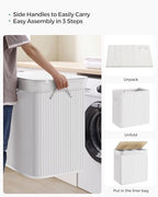 SONGMICS Laundry Hamper, 39.6 Gallons (150L), 3-Section Laundry Basket, Laundry Hamper with Lid, Bamboo, Foldable, Removable and Machine Washable Liner, for Laundry Room, Bedroom, White ULCB091W01