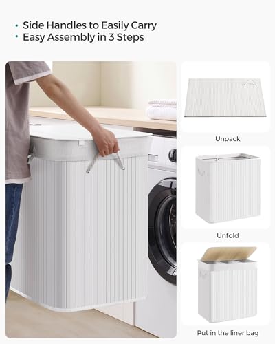 SONGMICS Laundry Hamper, 39.6 Gallons (150L), 3-Section Laundry Basket, Laundry Hamper with Lid, Bamboo, Foldable, Removable and Machine Washable Liner, for Laundry Room, Bedroom, White ULCB091W01