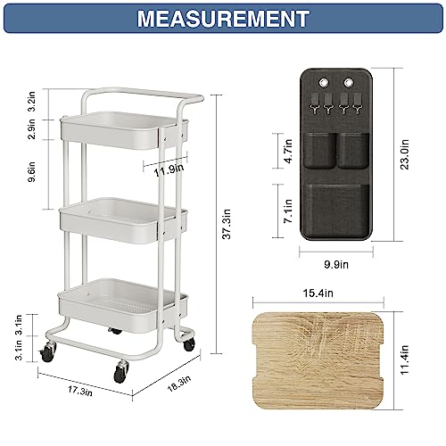 DTK 3 Tier Metal Utility Rolling Cart with Table Top and Side Bags, Metal Tray Storage Organizer Cart with Wheels, Art Craft Cart with 4 Hooks for Kitchen Bathroom Office Living Room (White) - color: White, size: Large