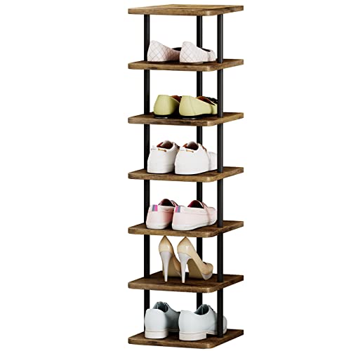 AZERPIAN Shoe Rack 7 Tier Vertical Storage Organizer Narrow Metal Slim Shelf Modern Free Standing Shoe Tower Saving Space for Closet Entryway Bedroom,Black+Rustic Brown - color: Black+rustic Brown, size: 7 Tier