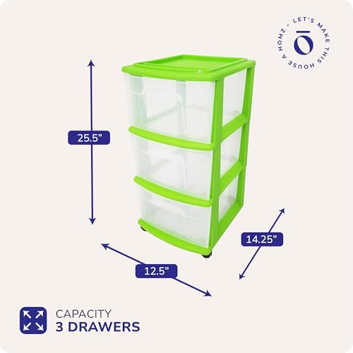 HOMZ Drawer Tower, 3-Tier Clear Plastic Storage Organizer Cart, Bold Lime Frame - Rolling Drawer Containers with Wheels for Bathroom, Bedroom, Office, and Classroom Organization - color: Bold Lime, size: 1 Pack