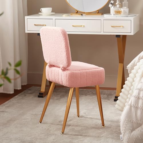 Updated Vanity Chair, Storage Ottoman with Folding Back & Gold-Toned Metal Legs, Ottoman Seat with Teddy Velvet for Dressing Room Living Room Bedroom, 16" x 12.5" Inch - color: Pink, size: 16" x 12.5"