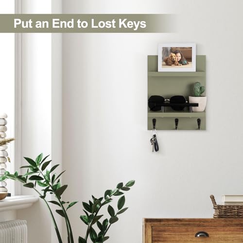 Key Holder Wall Mount, Mail Shelf Decor with 3 Key Hooks, Versatile Wood Wall Organizer for Entryway Hallway (8.2” x 10.6”x 3.6”) (Sage Green) - color: Sage Green