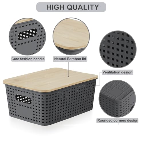 Bagnizer Small Plastic Storage Bins with Bamboo Lids 5.2qt Stackable Box Basket Pantry Decorative Containers Cute with Lable for Organizing Desktop Closet Office Gray of 6 packs 10 * 7.2 * 4.1" - color: Gray, size: Small- 6 Pack