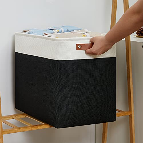 DULLEMELO Large Fabric Basket for Organizing, 17"x12"x15" Storage Basket With Leather Handles, Collapsible Storage Bin for Clothes, Toys, Books, Office, Bedroom, Closet, Nursery&Laundry (White&Black) - color: White&Black, size: Large-17"x12"x15"