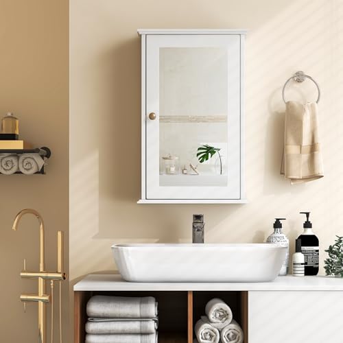 Tangkula Bathroom Medicine Cabinet with Mirror, Wall Mounted Single Mirror Door Storage Cabinet w/Adjustable Shelf, Wall Cabinet w/Reversible Door for Bathroom Living Room Hallway (White) - color: White