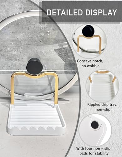 Anti-Rust Metal Spoon Rest with Lid Holder, Heat-Resistant Pot Lid Rest, Multifunctional Spatula Holder While Cooking for Stovetop and Kitchen Counter – Gold White - color: GOLDWHITE