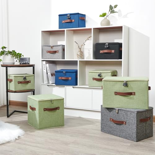 Storage Bins Boxes with Zipper Lid Combination Lock PU Leather Handles Cotton Linen Fabric Lidded Lockable Baskets Foldable Washable Closet Shelf Organizer Container (Light Green, Small) - color: Light Green, size: Small ( Set of 1 )