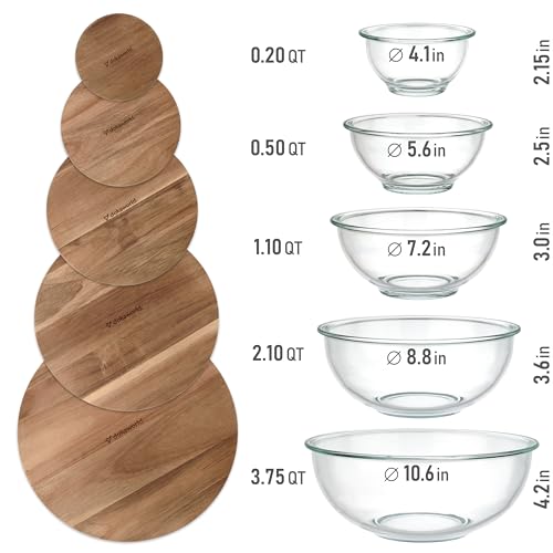 Set of 5 Nesting Glass Bowls with New Updated Acacia Lids for Foodprep, Storage, Mixing & Cooking - Microwave & Oven-ready BPA Free Durable Heat Resistant Inert Borosilicate Glass - color: 5 Mixing Bowls with Acacia Lids