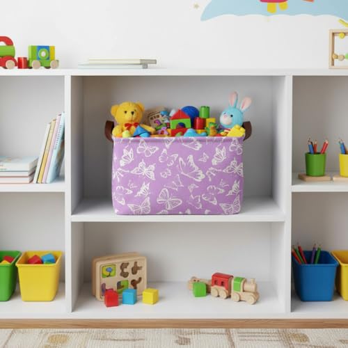 Purple Butterfly Storage Basket Waterproof Canvas Toy Storage Bin Decorative Collapsible Outdoor Basket with Leather Handles Purple Gifts Basket For Closets,Bedrooms,Home,Bathroom - color: Purple Butterfly