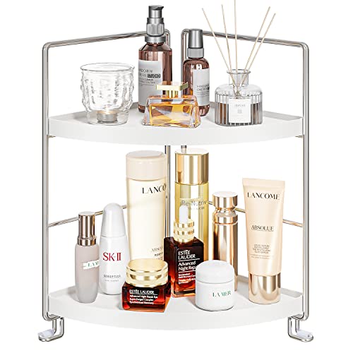 2-Tier Bathroom Corner Counter Organizer, Makeup Storage Shelf Vanity Tray, Bathroom Sink Countertop Organizer, Silver - color: Silver