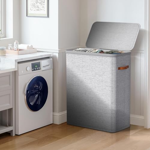 Sorbus Laundry Hamper with Lid - Collapsible 3-Compartment Fabric Laundry Basket with Handles and Removable Laundry Bag – 50 Gallon (190 L) Dirty Clothes Hamper for Bedroom, bathroom and dorm (Gray) - color: Gray, size: 3 Compartment