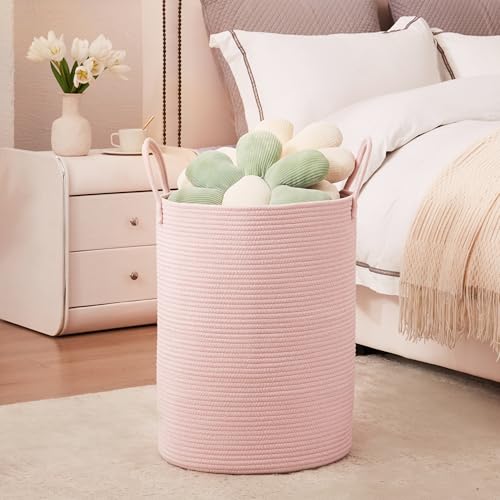 Large Pink Laundry Basket 15x20 Inches, 60L Woven Rope Hamper for Baby Girls and Kids, Tall Nursery Storage Bin, Kawaii Bedroom Laundry Hamper - color: Pink1, size: Large (60L)