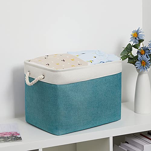 Bidtakay Foldable Storage Bins Set of 2 Tall Cloth Baskets 16" X 11.8" X 11.8" Decorative Organizers for Linen Closet (White & Teal) - color: White&Teal, size: 2 Pack-L-16x11.8x11.8 In