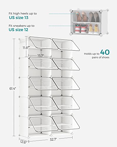 SONGMICS Shoe Rack Organizer, 10-Tier Shoe Storage Cabinet for Closet and Entryway, Holds 40 Pairs of Shoes, Adjustable, Cloud White and Trasparent ULPC035W01 - color: Cloud White + Trasparent, size: 10 Cubes