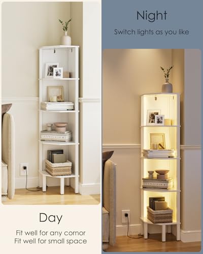 Corner Shelf Stand, 5 Tier Corner Bookshelf with Led Light,Corner Furniture for Bedroom Display Corner Shelf for Small Space,Wood Shelves with Storage Rack for Living Room,Office,White - color: White&led Light