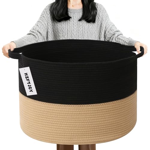 90L Extra Large Blanket Basket,Woven Laundry Basket Hamper with Handles, Decorative Nursery Basket Storage Bin for Toys, Clothes Organizer, Living Room, Bedroom, Bathroom, Black&Camel - color: Black&Camel, size: 21.7"L x 21.7"W x 13.8"H（90L)