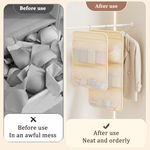 MIUPOO Multi Purpose Multi Layer Mesh Storage Hanging Bag,Hanging Storage with Zipper and Metal Hanger for Bra Underwear Socks,Mesh Pockets Hanging Storage Bag,2 Pieces. (2, 2 Layer and 3 Layer)