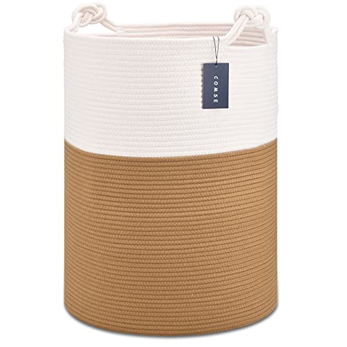COMSE Extra Large Blanket Basket, Tall Woven Storage Basket, Nursery Hamper, 15.7”x 21.7”, Cotton Rope Laundry Hamper for Toys Clothes Towels, White/Camel - color: White & Camel