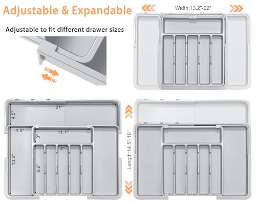 Silverware Organizer Expandable Kitchen Drawer Organizer Adjustable 22"x 19" Utensil Organizer with Rubber Feets Cutlery Drawer Organizer for Spoons Forks Knives Kitchen Organizers and Storage Grey - color: Grey