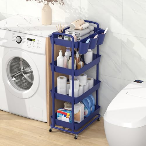 JIUYOTREE 4-Tier Plastic Rolling Storage Cart Utility Cart with Extra Hanging Cups Handles Lockable Wheels for Living Room Bathroom Kitchen Office Blue - color: Blue, size: 4-Tier