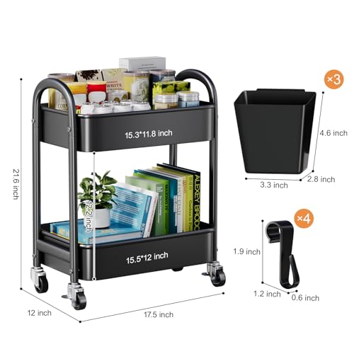 2 Tier Rolling Cart Metal on Wheels, Two Tiered Short Storage Side Table with Wheels, Heavy Duty Under Desk Mobile Trolley, Small Utility Organizer Carts for Craft, Art, Office, Kitchen, Black Basket - color: Matte Black, size: 2 tier