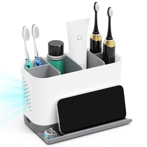 Toothbrush Holders for Bathrooms, Adjustable 6 Slots Electric Toothbrush and Toothpaste Holder, Cord-Friendly Detachable Bathroom Countertop Organizer with Front Ledge for Phone and Ring Holder - color: Grey and White