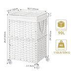 Chrislley 90L Slim Laundry Hamper with Wheels, Rolling Laundry Basket with Lid and Renovable Liner Bag, Handwoven Rattan Organizer for bedroom, bathroom, laundry room (White) - color: White