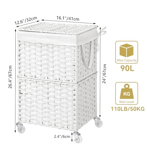 Chrislley 90L Slim Laundry Hamper with Wheels, Rolling Laundry Basket with Lid and Renovable Liner Bag, Handwoven Rattan Organizer for bedroom, bathroom, laundry room (White) - color: White
