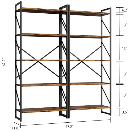 Shintenchi 2 Pieces 5 Tiers Bookshelf, Classically Tall Bookcase Shelf, Industrial Book Rack, Modern Book Holder in Bedroom/Living Room/Home/Office, Storage Rack Shelves for Books/Movies-Rustic Brown - color: 2pcs/Rustic Brown